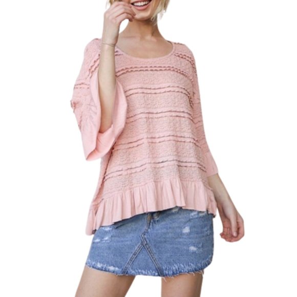 Umgee NWT Crochet Top Lagenlook Pink Boho Flowy Bell Sleeves Semi-Sheer Size M - Picture 1 of 11